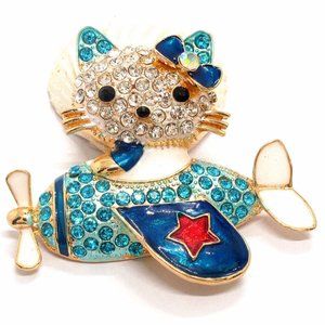 HELLO KITTY CAT Blue Enamel & Crystal Rhinestone FLYING Plane PIN Brooch